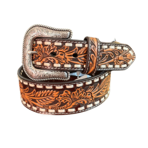 Cinto Masculino Ariat Bordado Marron Com Serrilhas Branca